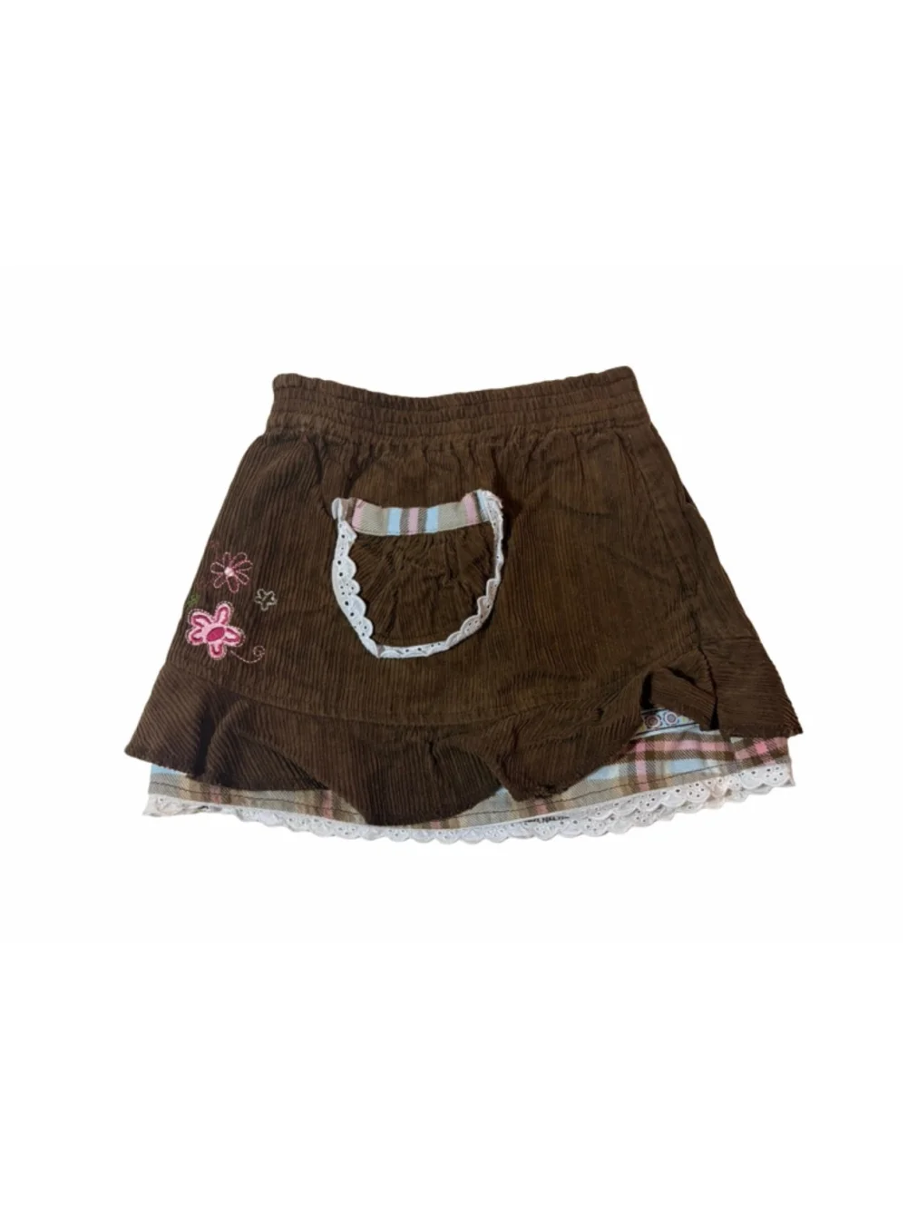Kaboo Efants Brown Corduroy Ruffle Skirt Plaid Lace Trim 18M Cottagecore